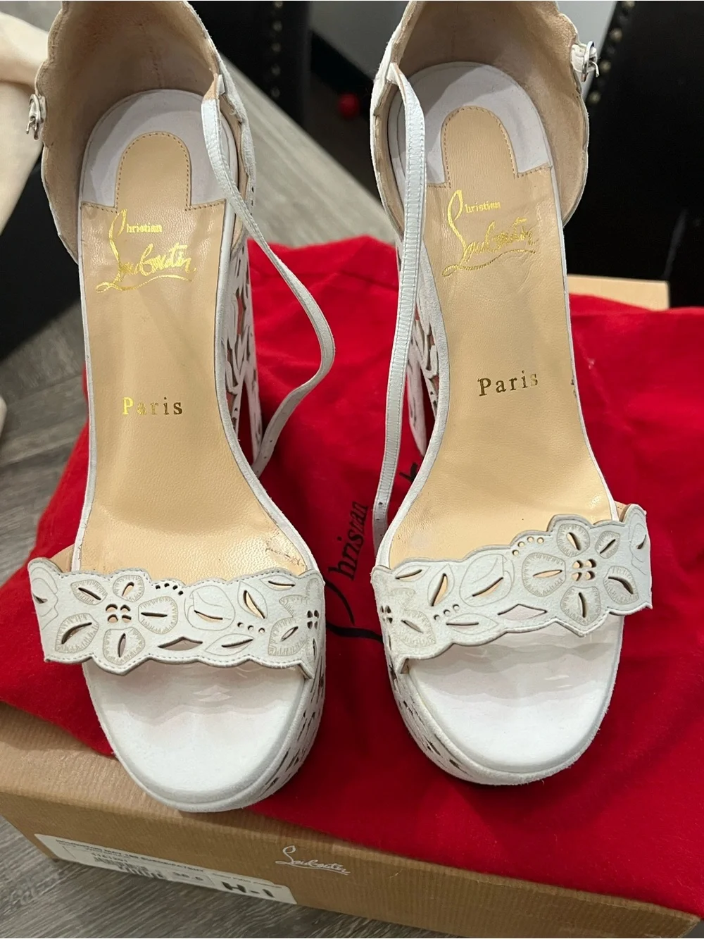 Christian Louboutin Cream Laser-Cut Floral Platform Sandals